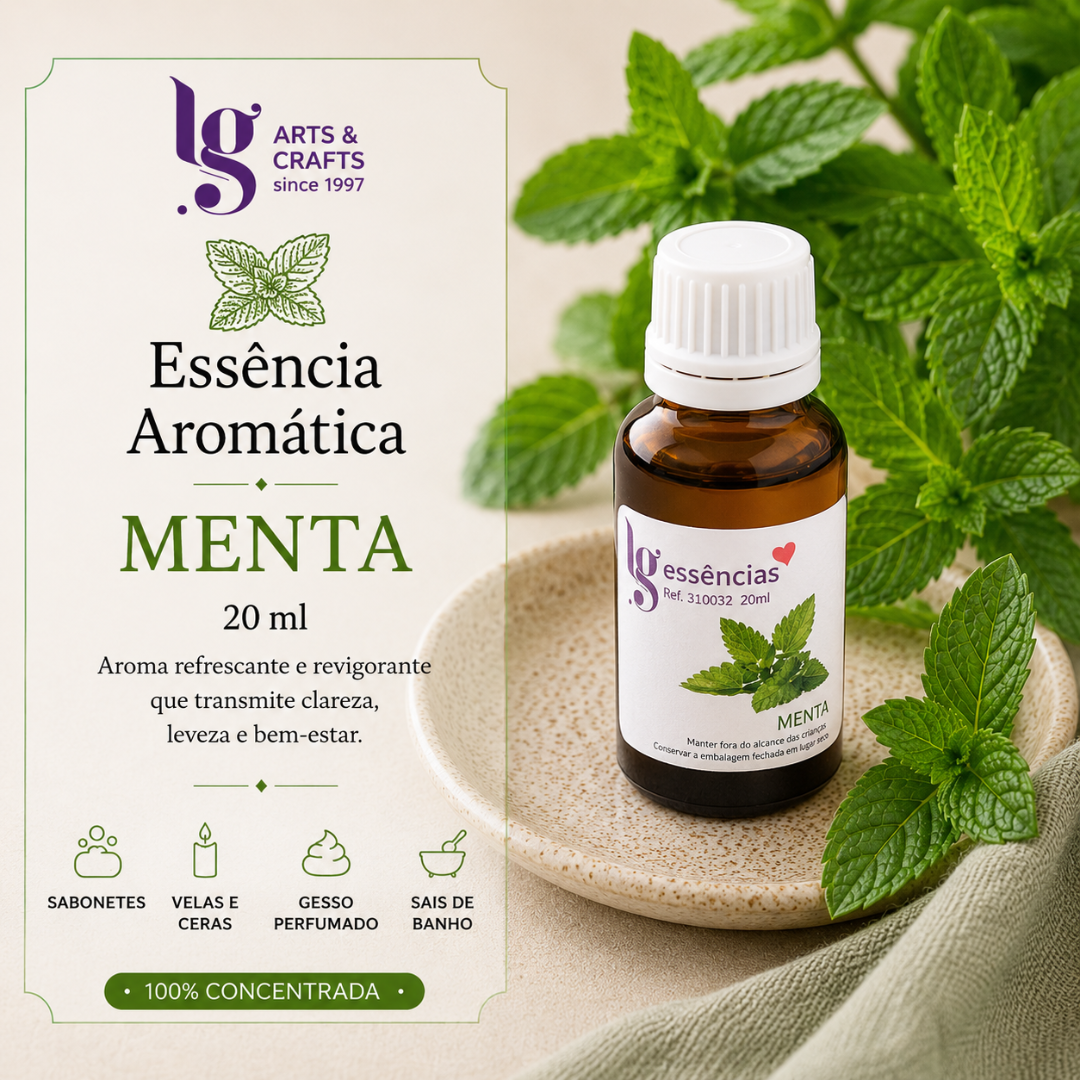 Frasco de essência aromática de menta com folhas de menta ao fundo