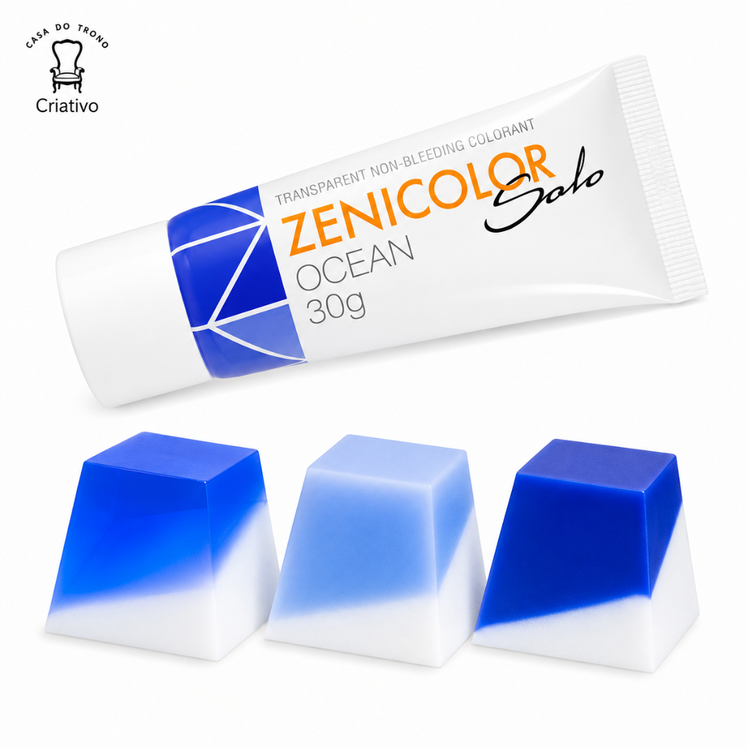 Tubo branco de corante azul Zenicolor Solo com três cubos azuis e brancos