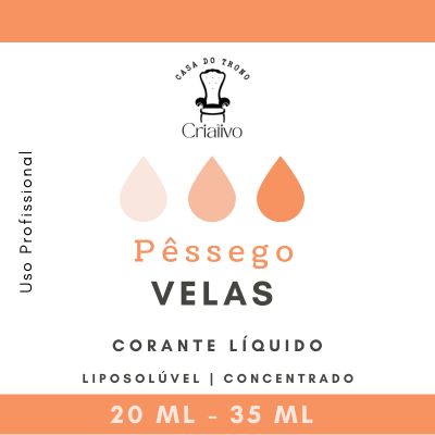 Rótulo de corante líquido para velas cor pêssego, texto em português, três gotas coloridas, uso profissional.
