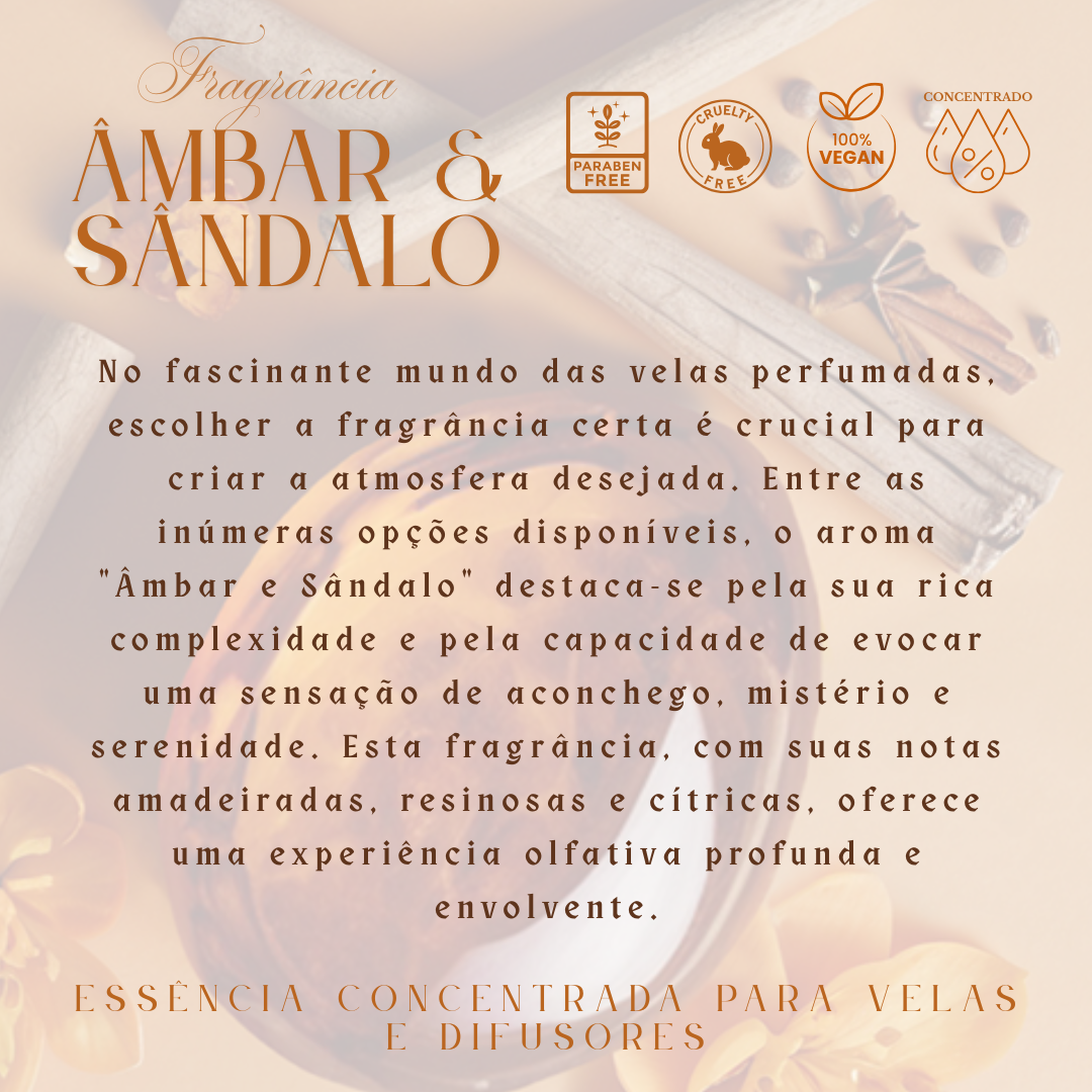 Texto sobre fragrância âmbar e sândalo para velas, com ícones de paraben free, cruelty free, 100% vegan e concentrado sobre fundo com especiarias