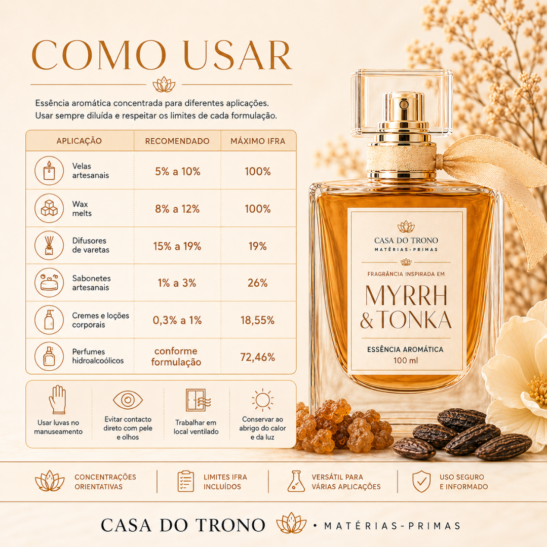 Frasco de essência aromática Myrrh & Tonka com instruções de uso em português