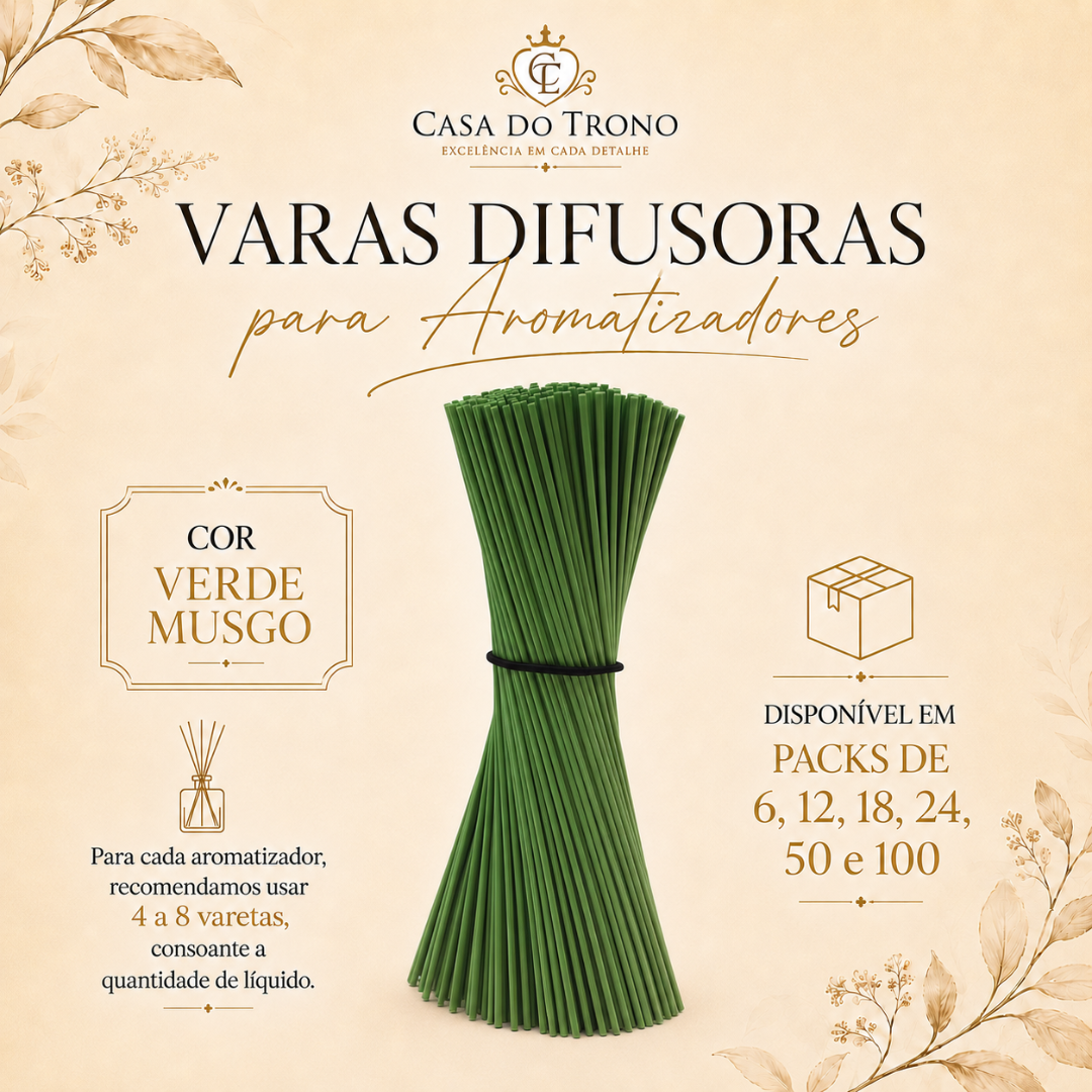 Feixe de varas difusoras verdes musgo para aromatizadores com texto promocional da Casa do Trono