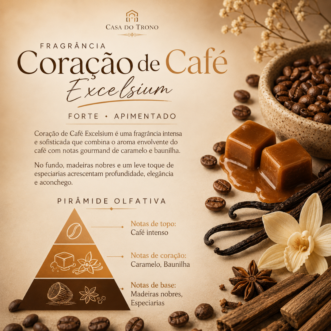 Fragrância Coração de Café Excelsium Casa do Trono com elementos de café, caramelo, baunilha e especiarias