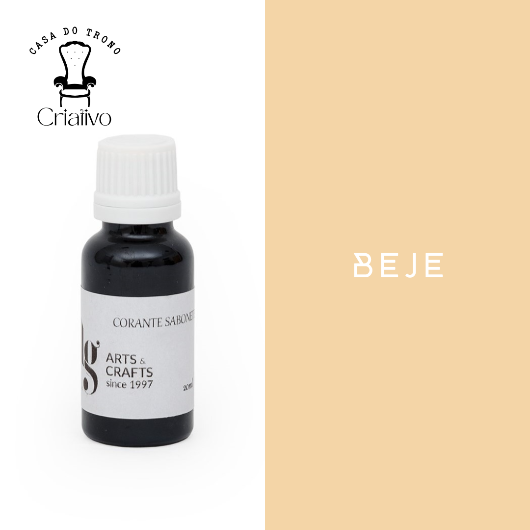 Frasco de corante para sabonete com rótulo e tampa branca, texto BEJE fundo bege.