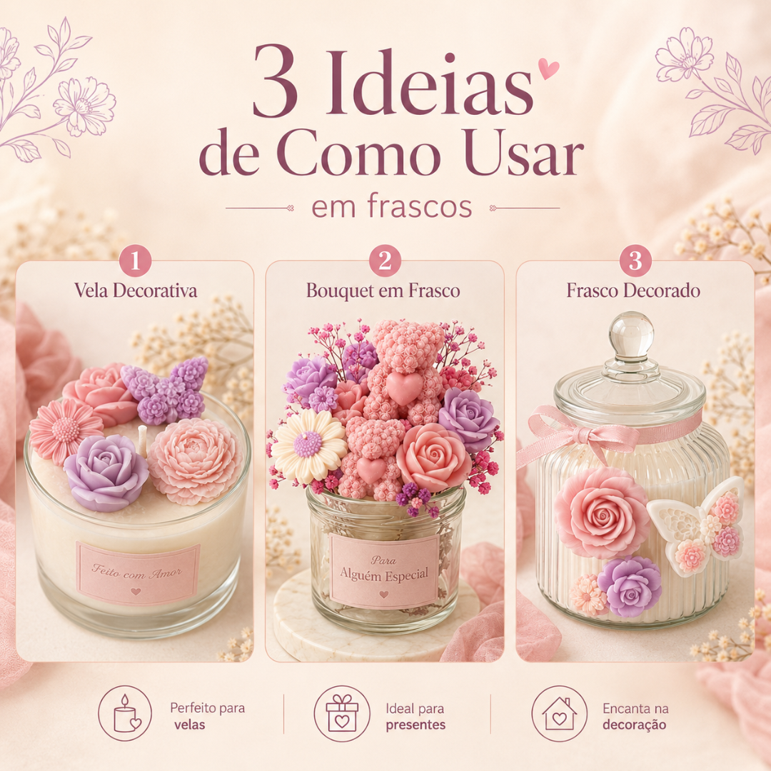 Três frascos de vidro decorados com flores em tons pastel em fundo claro.