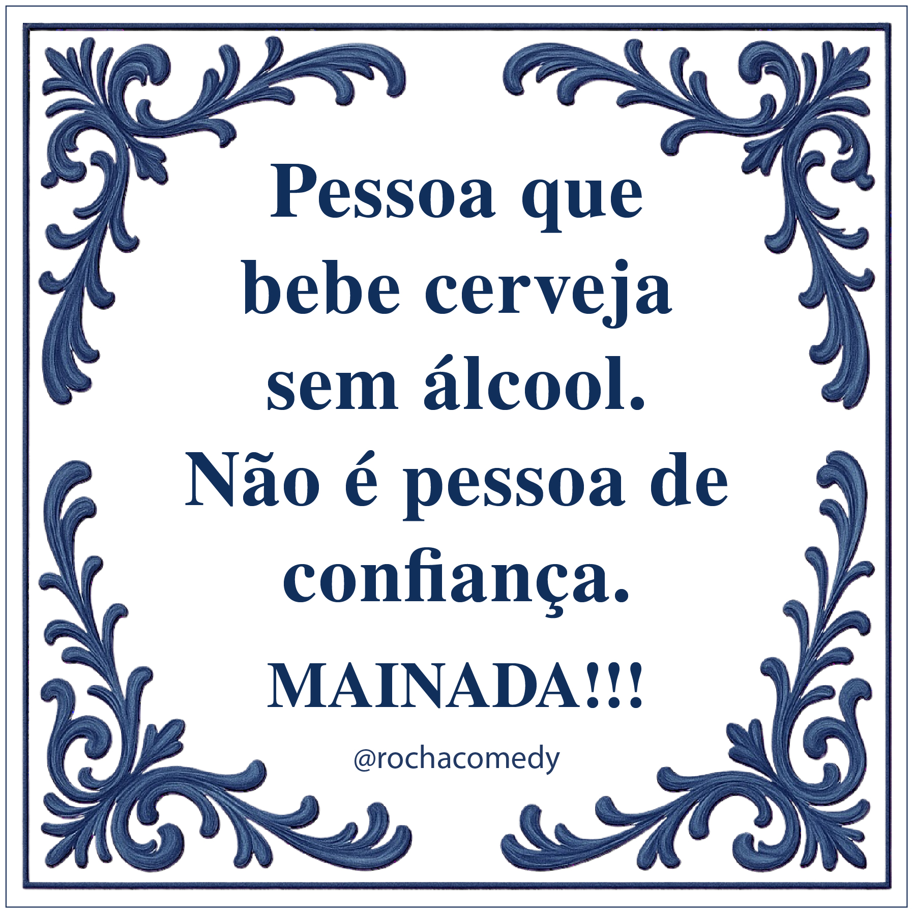 Azulejo decorativo branco com texto e ornamentos azuis