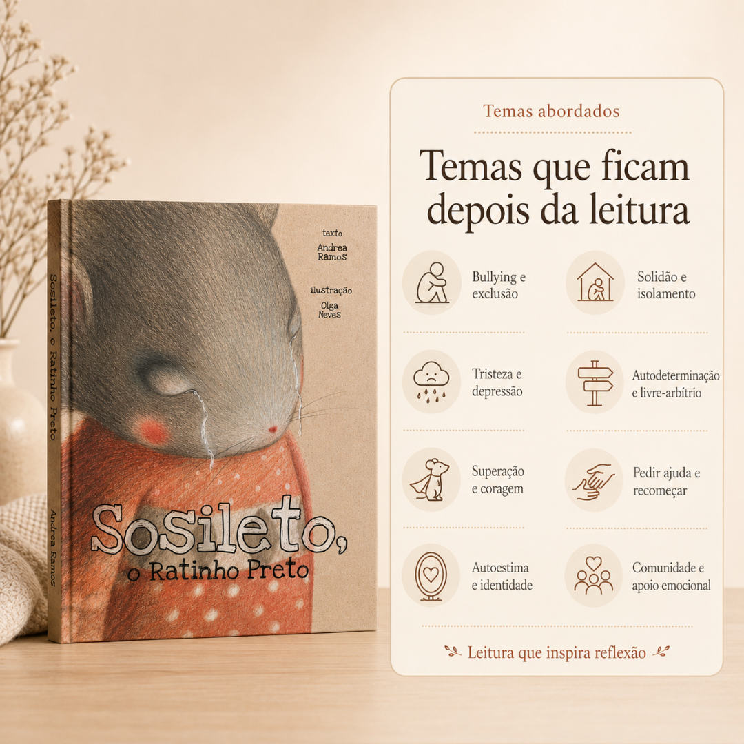 Livro infantil Sosileto, o Ratinho Preto de capa ilustrada, painel de temas relacionados, cenário com planta seca e mesa de madeira