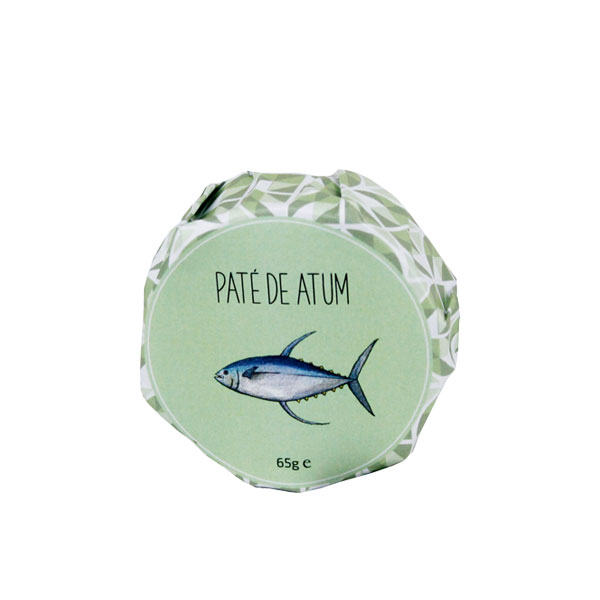 Frasco pequeno de paté de atum com etiqueta verde e imagem de peixe