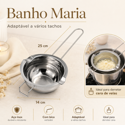 Produto de banho-maria em aço inox com texto explicativo