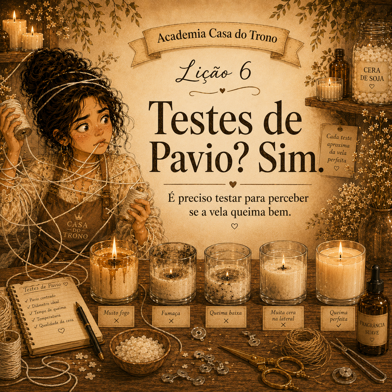 Li&ccedil;&atilde;o 6 da Academia Casa do Trono sobre testes de pavio em velas artesanais