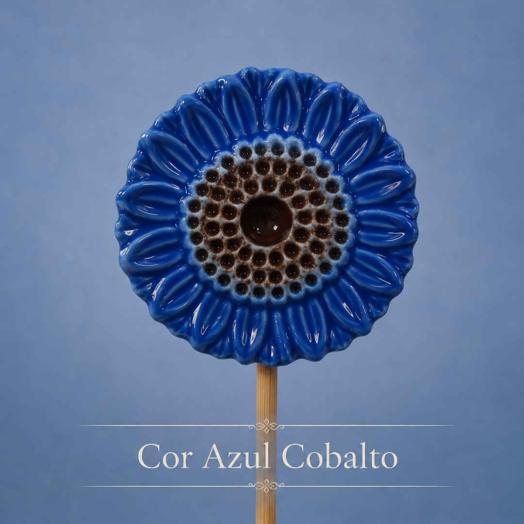 Escultura de flor azul cobalto em cerâmica com centro castanho montada em haste de madeira