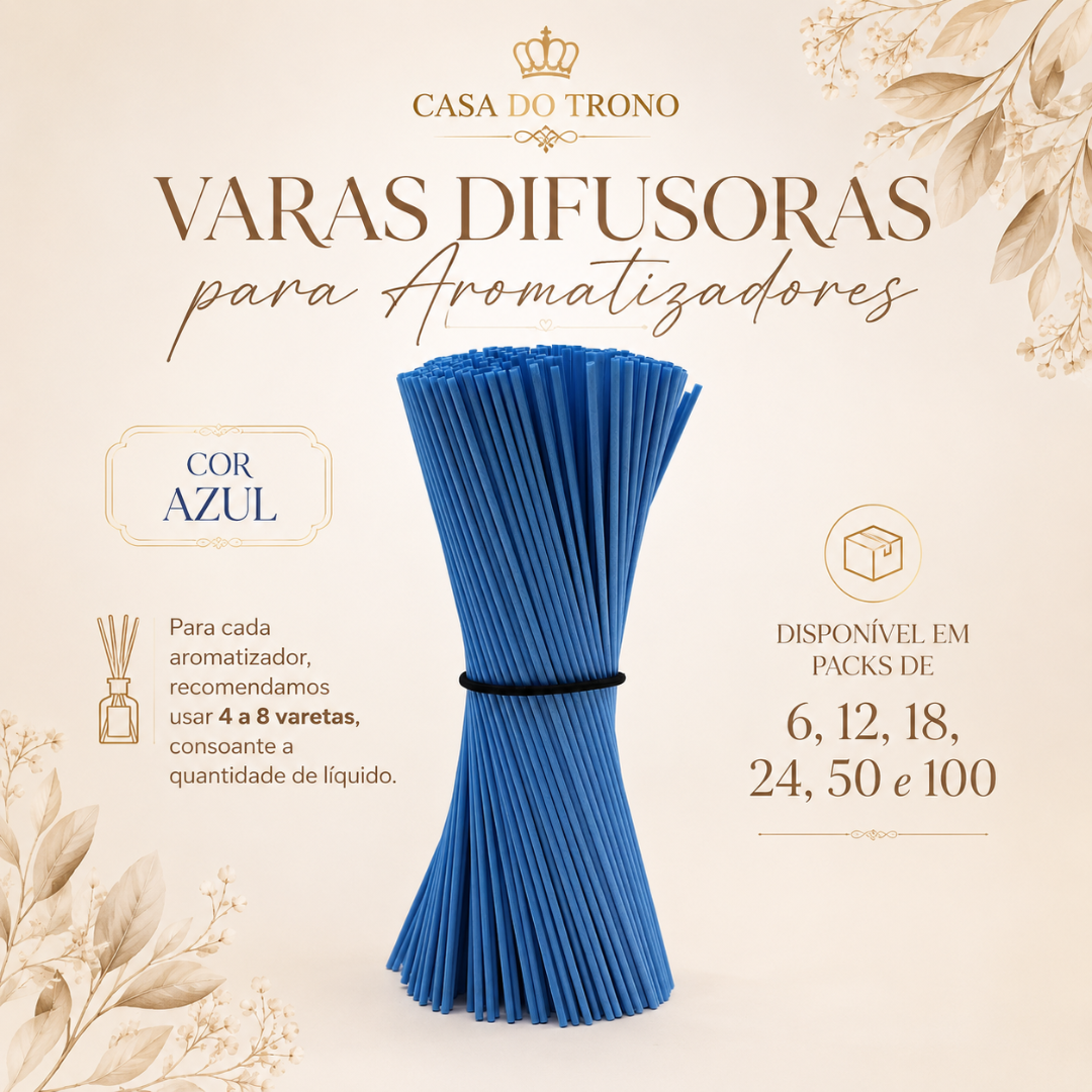 Feixe de varas difusoras azuis para aromatizadores com fundo claro e detalhes florais