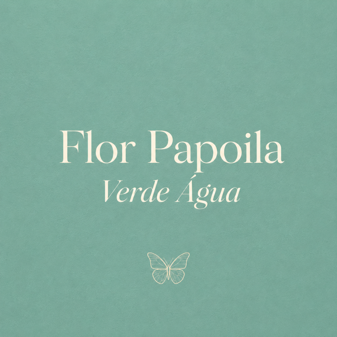 Fundo verde água com texto Flor Papoila Verde Água e ilustração de borboleta