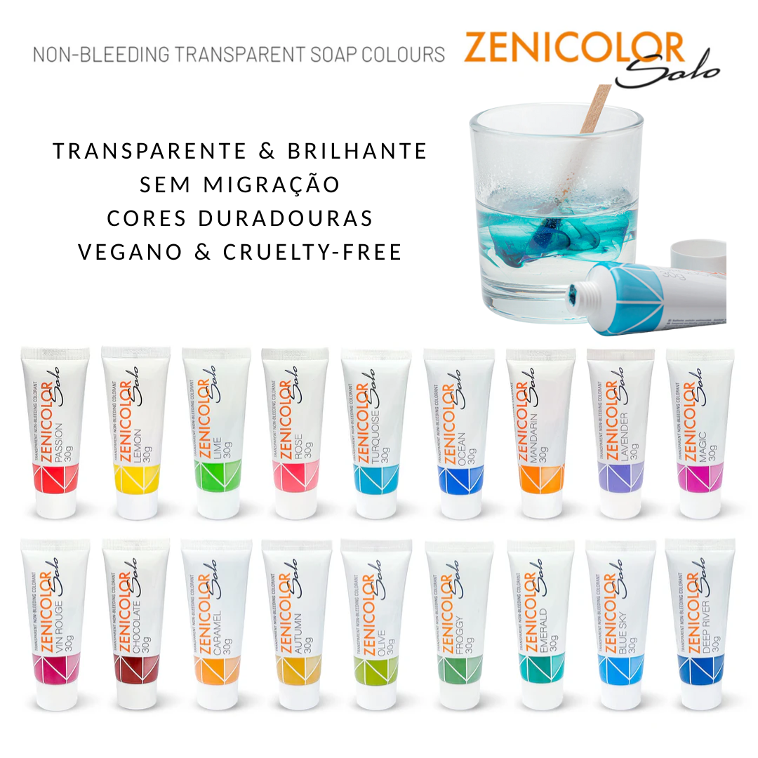 Tubos de tintas Zenicolor Solo em várias cores com copo de água e pincel a misturar tinta azul.