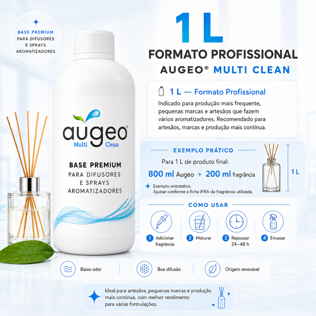 Frasco branco de 1 litro de base para difusores da marca Augeo ao lado de difusor e texto informativo.