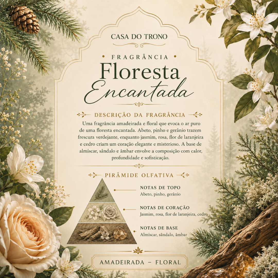 Descrição da fragrância Floresta Encantada com elementos naturais em fundo bege