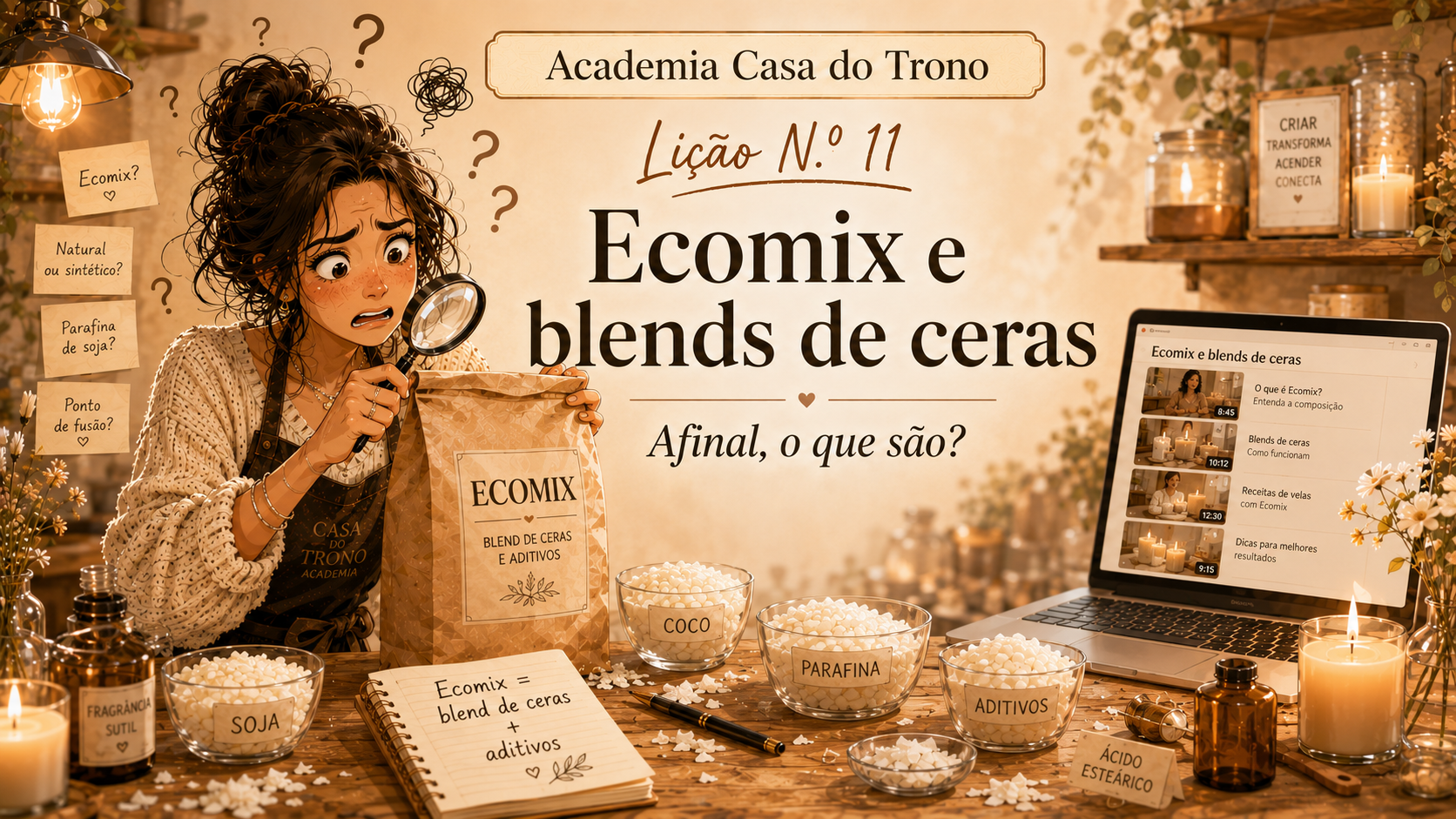 Mulher com lupa examina saco ECOMIX e tigelas de cera numa mesa de madeira com vela, frascos e laptop ao fundo.