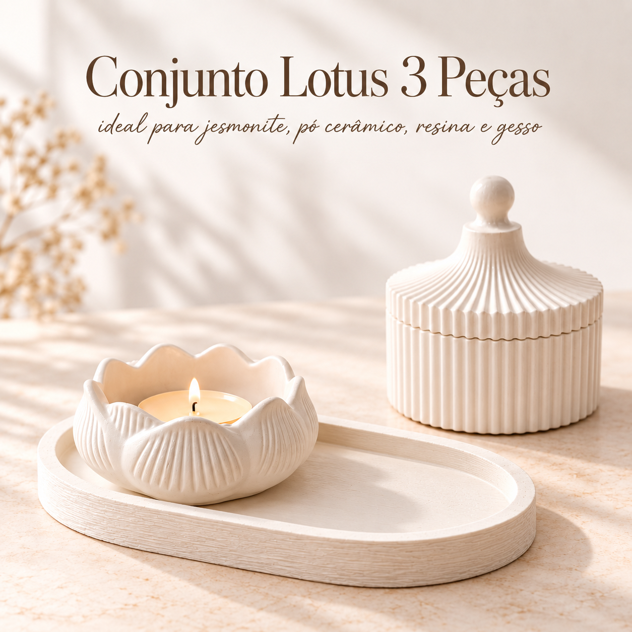 Conjunto Lotus 3 Peças em cerâmica branca com vela acesa e caixa decorativa