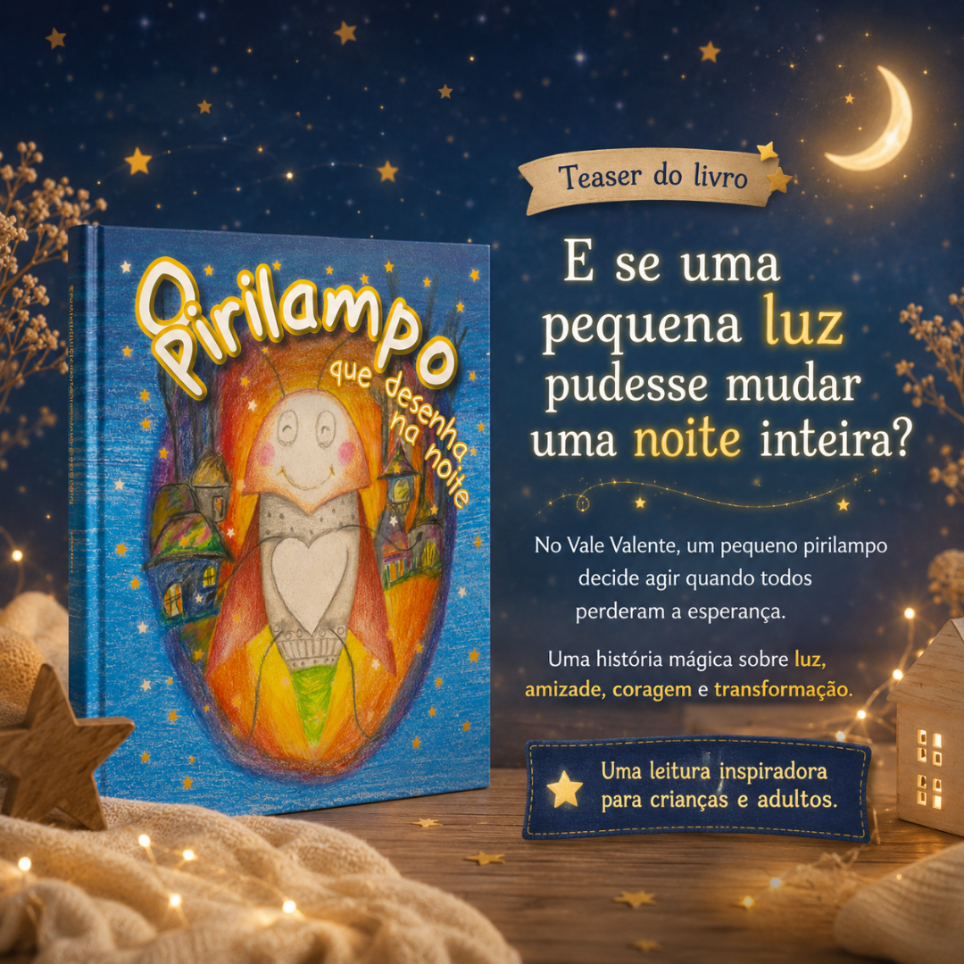 Livro infantil Pirilampo que desenha na noite com decoração de estrelas e luzes