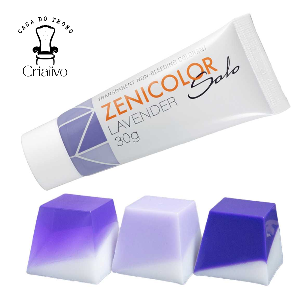 Tubo de corante lavanda com três amostras em tons de lavanda e branco