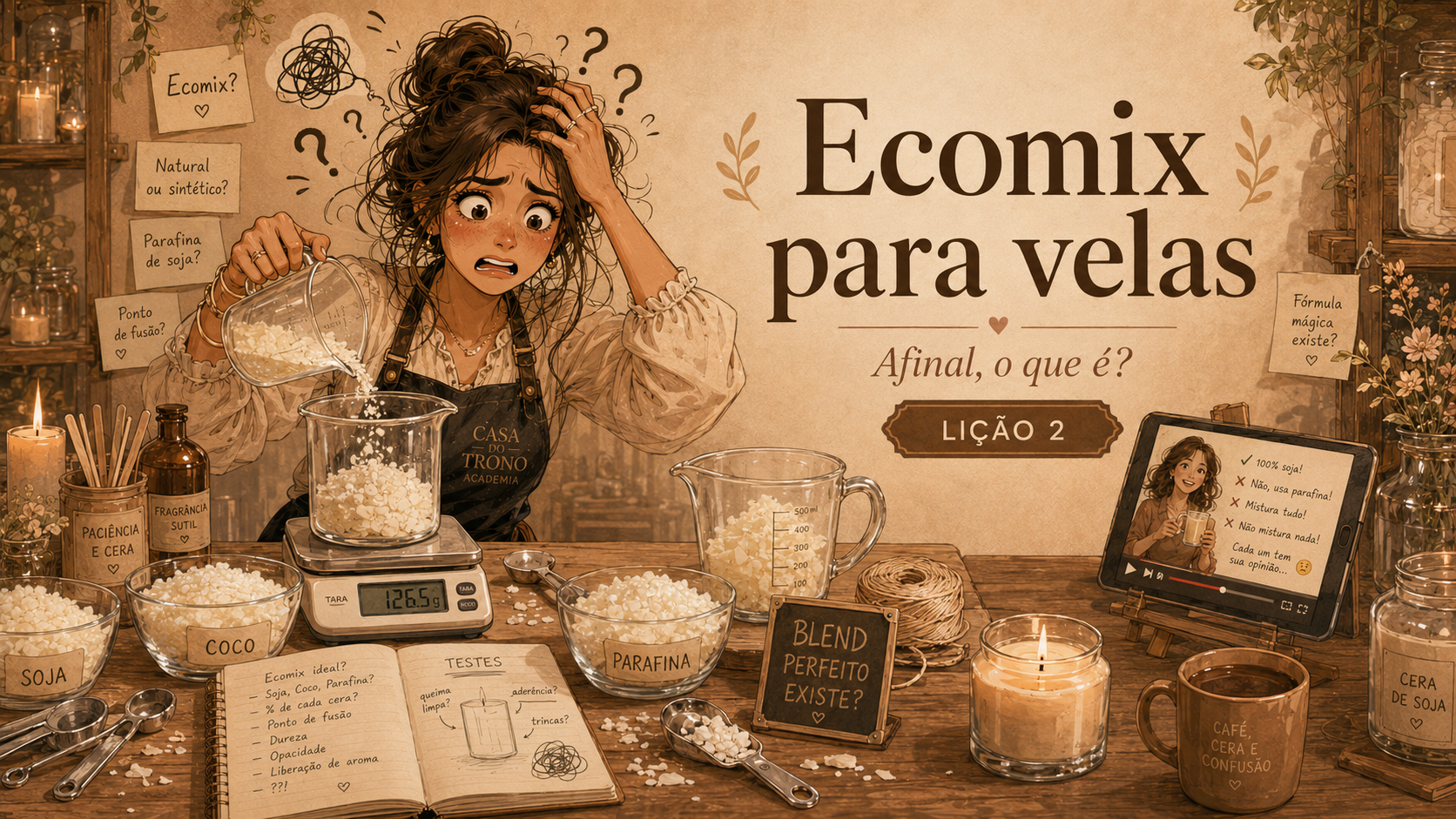 Ecomix para velas: afinal, o que é? 🕯️ Mulher em avental pesa grãos para velas, várias tigelas rotuladas e caderno com notas sobre velas