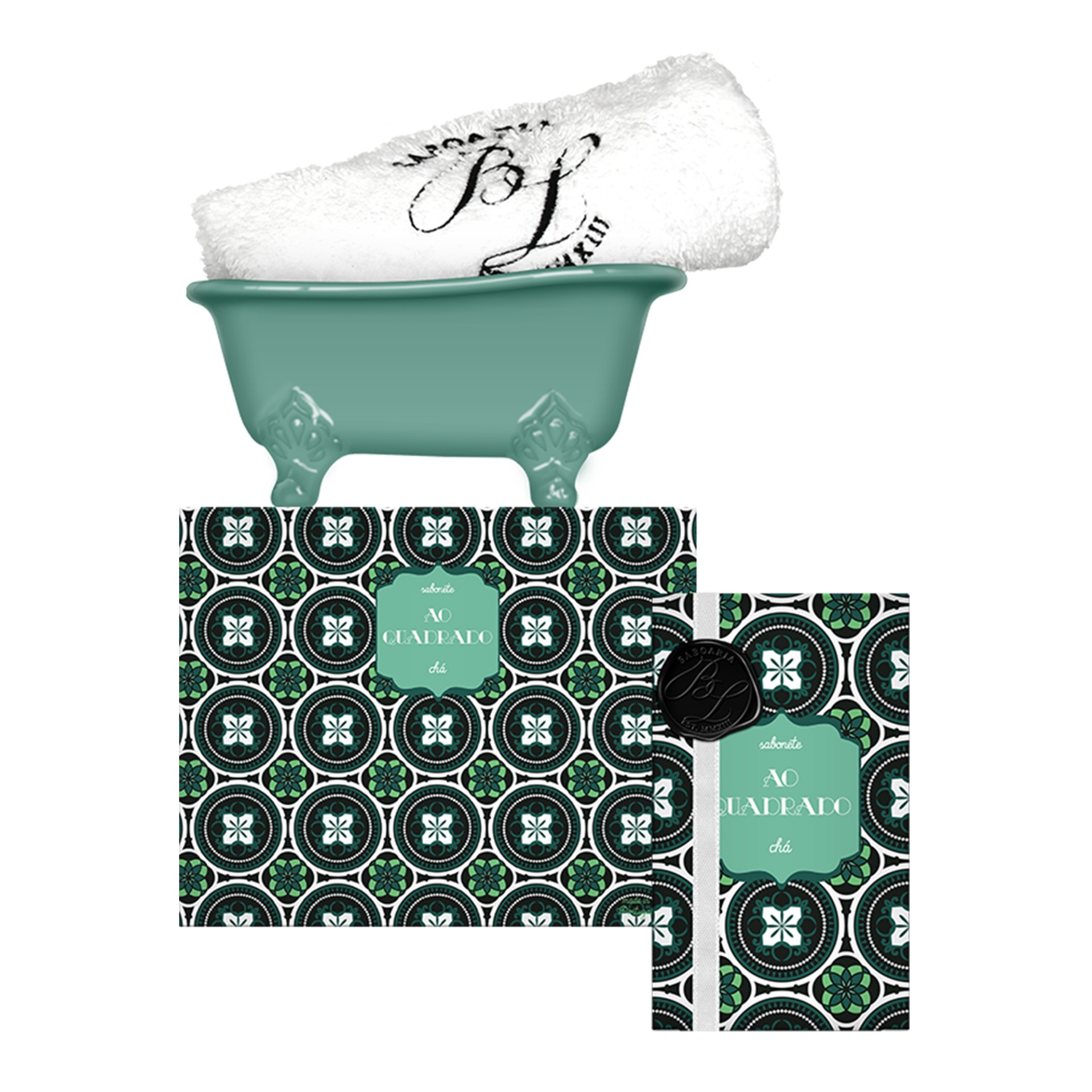 Conjunto de banho com mini banheira verde, toalha branca com texto e embalagens decoradas em verde, preto e branco