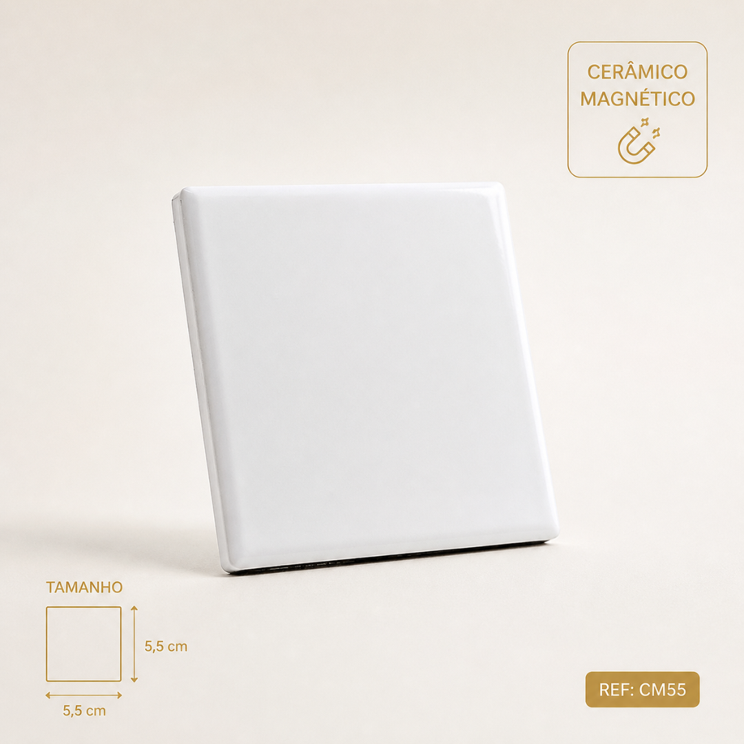 Azulejo quadrado branco de cerâmica magnética com dimensões 5,5x5,5 cm
