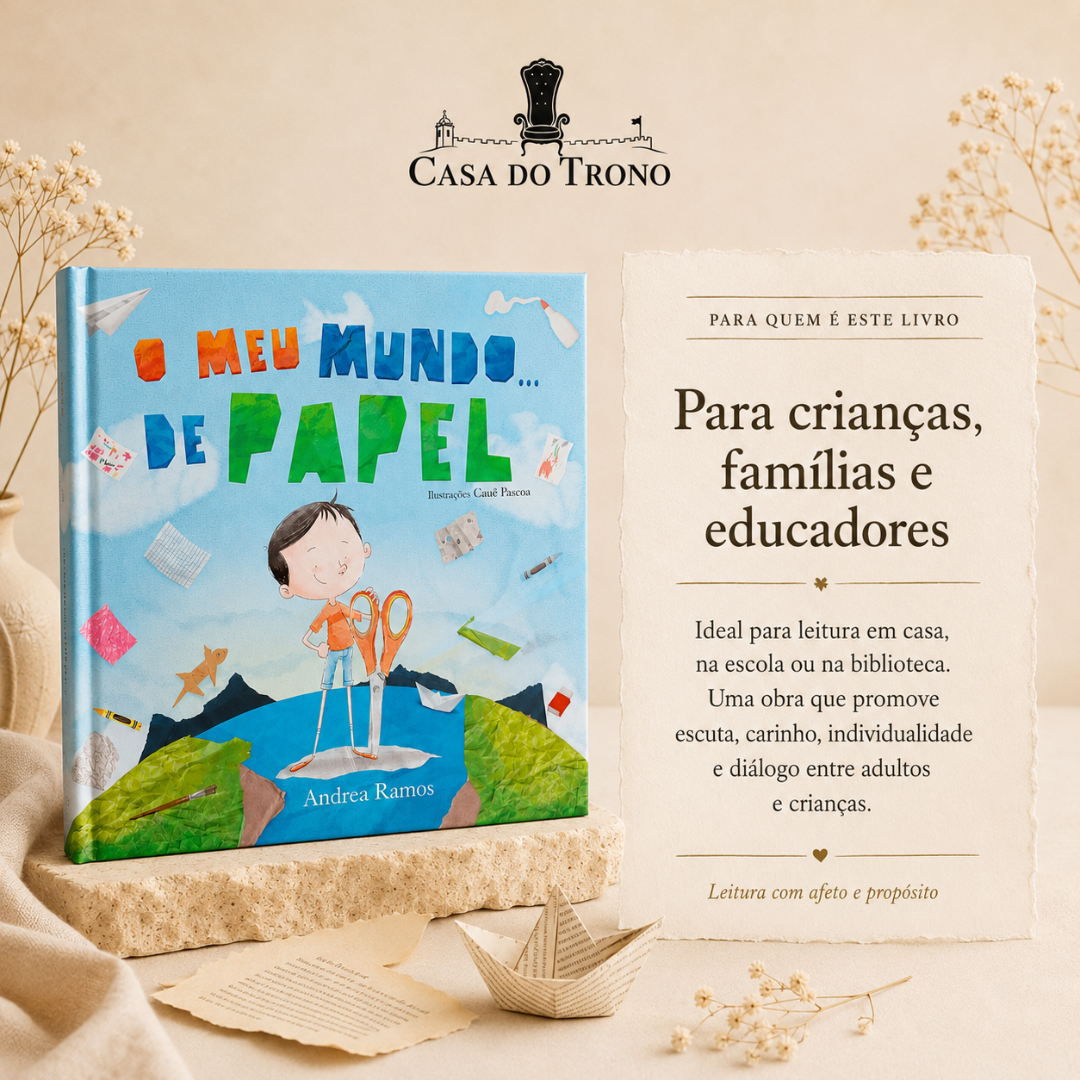 Livro infantil O Meu Mundo... de Papel sobre suporte de pedra, texto explicativo em papel rasgado e barco de papel, flores secas ao redor