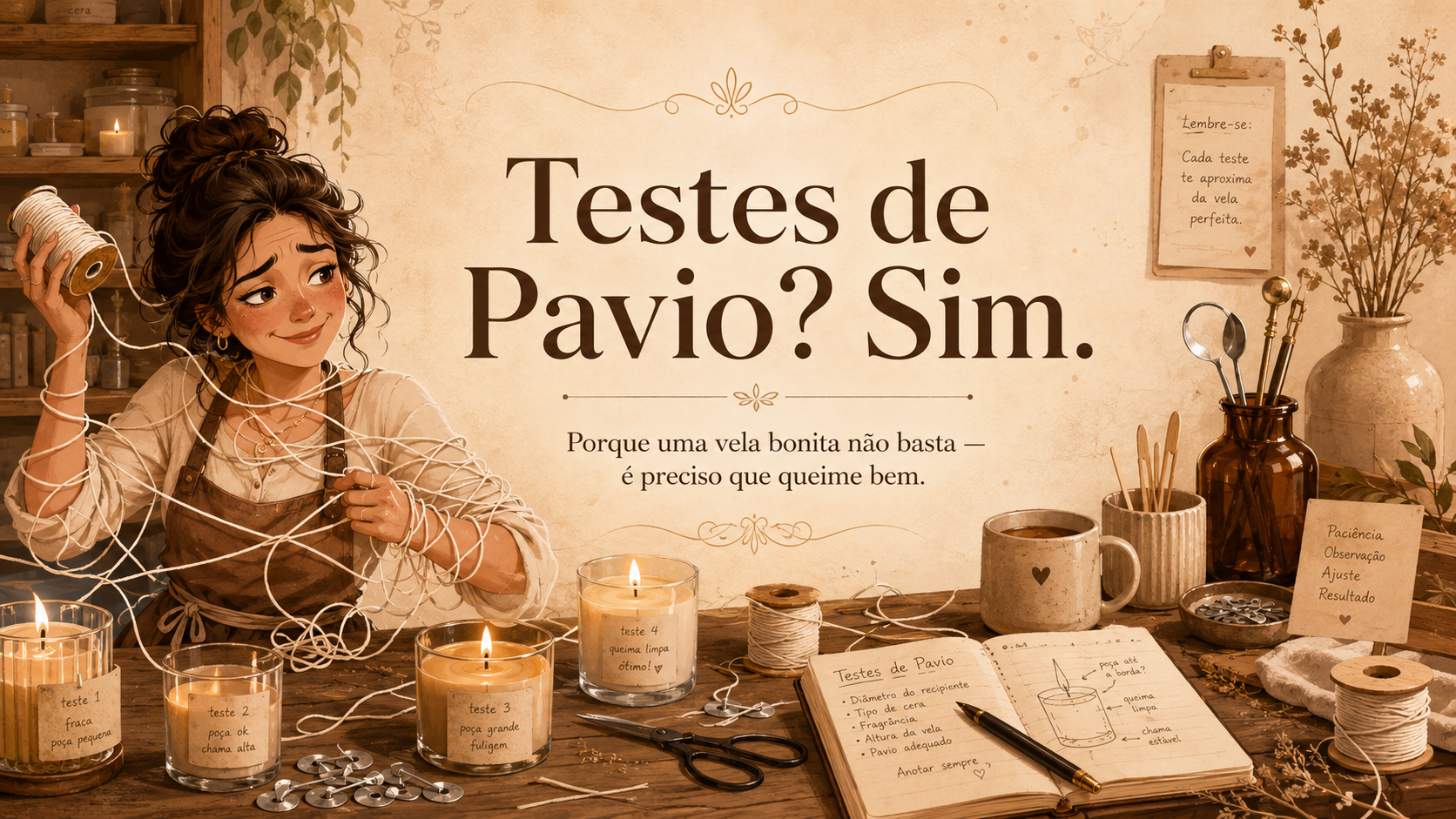 Mulher com avental organiza pavio junto a várias velas acesas e anotações manuscritas em ambiente rústico de fabricação de velas