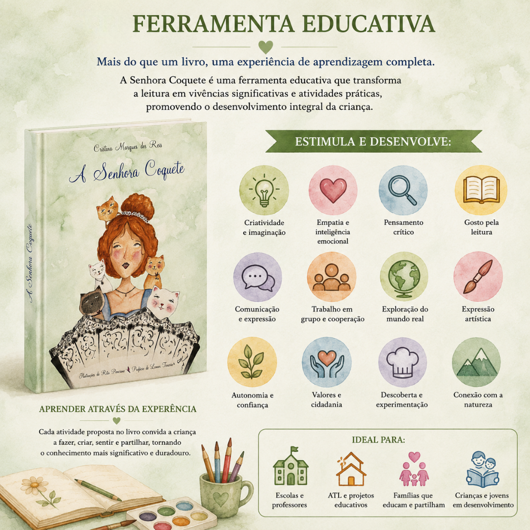 Livro educativo A Senhora Coquete com ilustração e texto explicativo em português