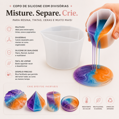 Copo multiusos de silicone branco com divisórias para mistura de resinas e tintas