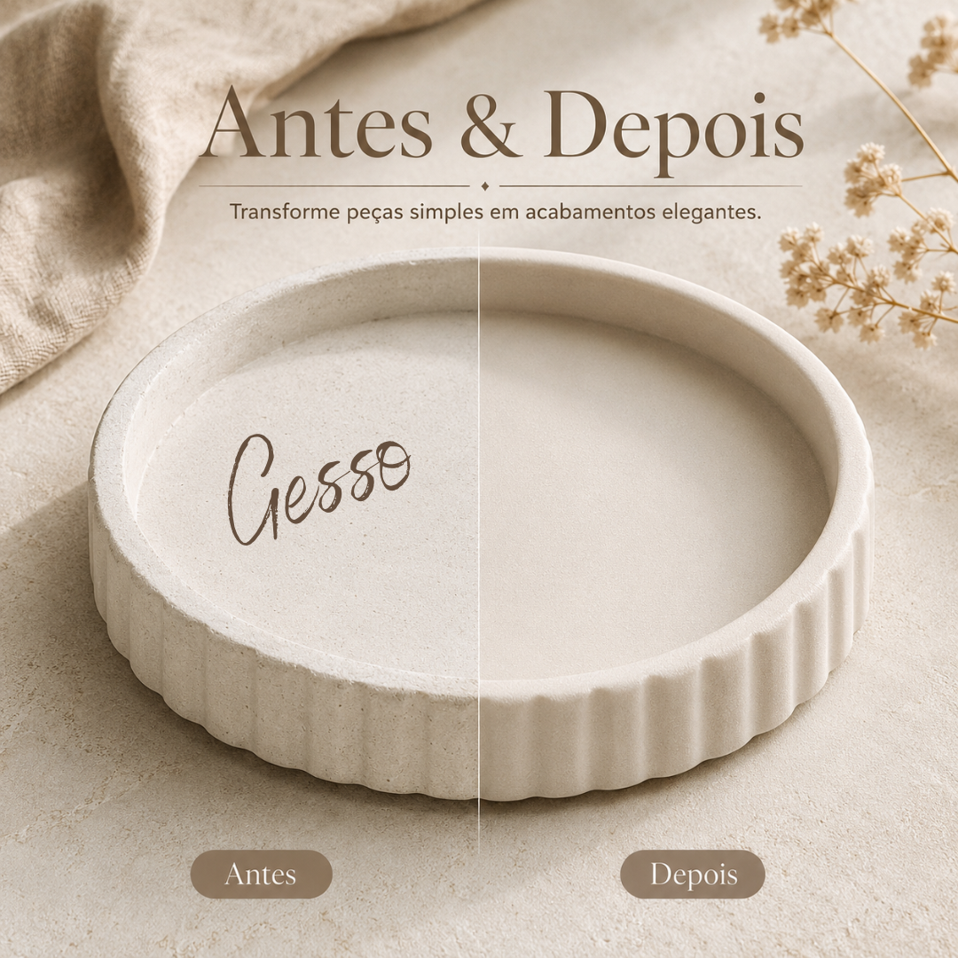 Prato de gesso redondo com metade texturizada e metade com acabamento liso