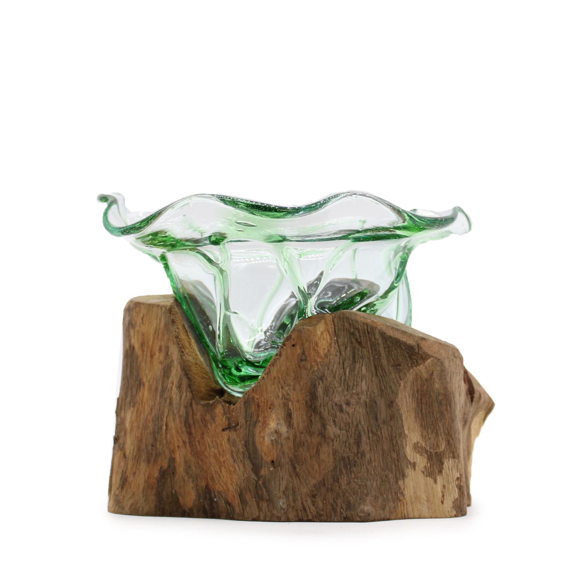 Fruteira em vidro verde com base em madeira