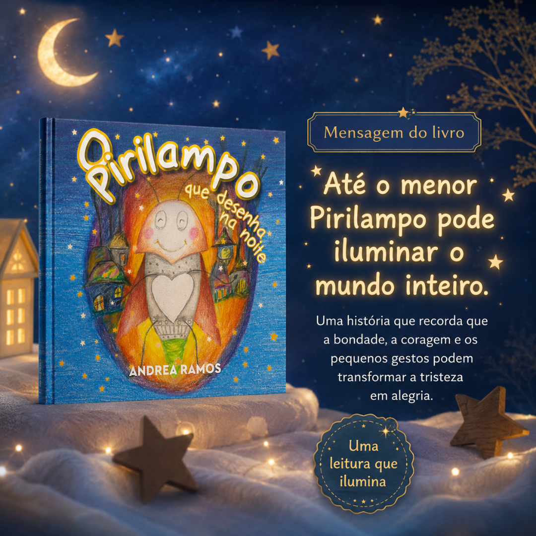 Capa de livro infantil azul com ilustração de pirilampo e decoração de estrelas e luzes.