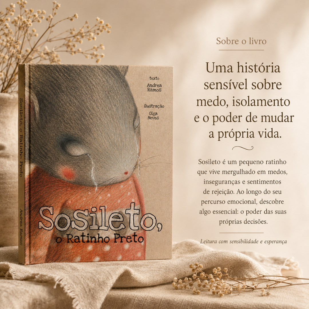 Livro Sosileto, o Ratinho Preto com ilustração de rato chorando no livro.