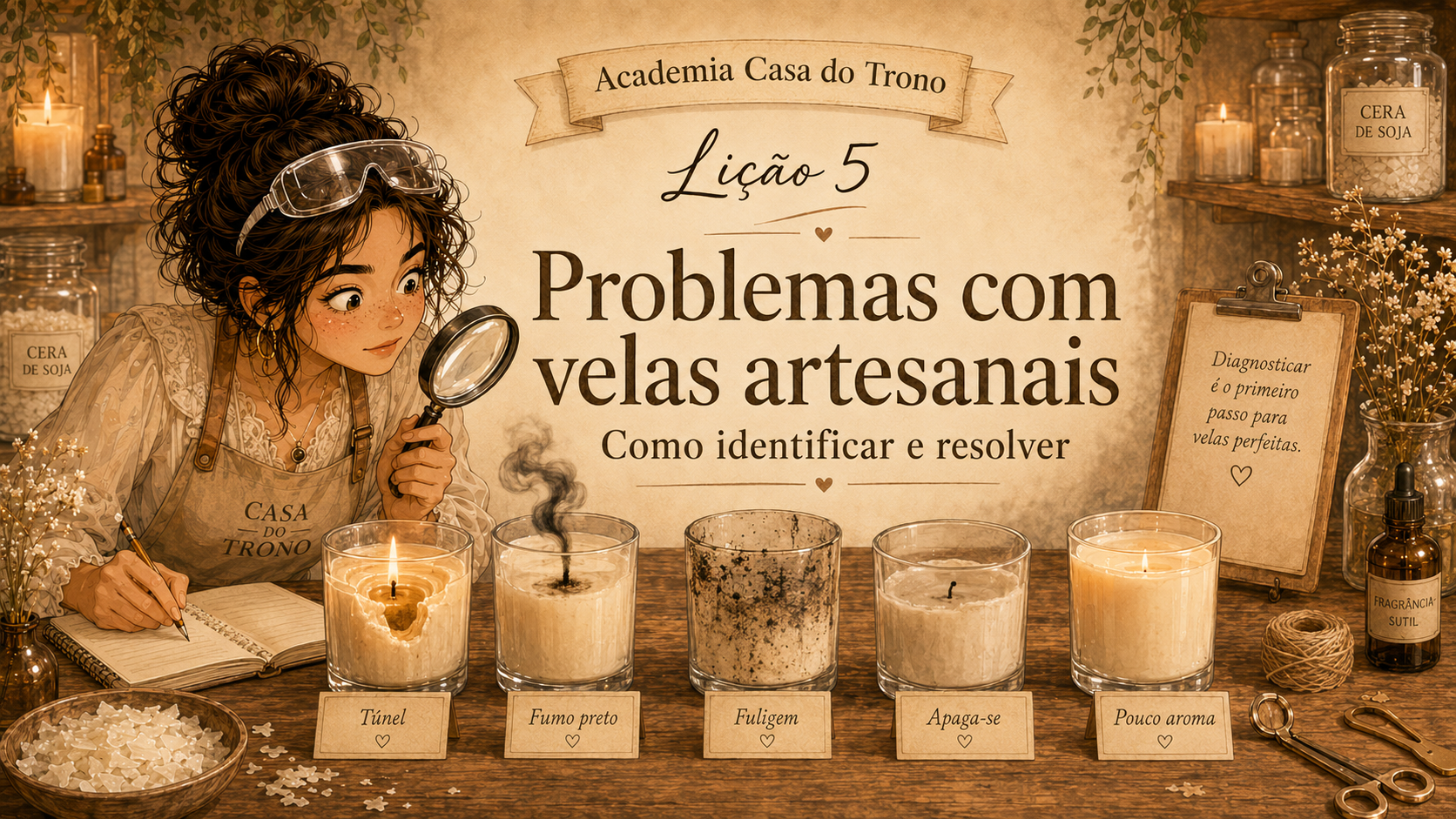 Jovem analisando velas artesanais defeituosas com lupa em ambiente rústico