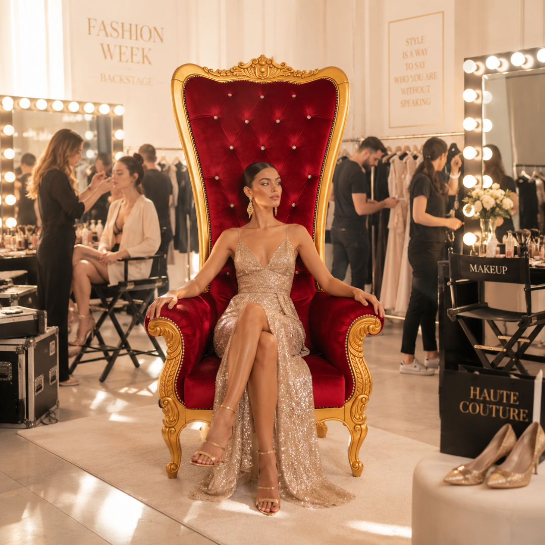 Mulher elegante numa cadeira vermelha e dourada, rodeada por ambiente de backstage de moda.