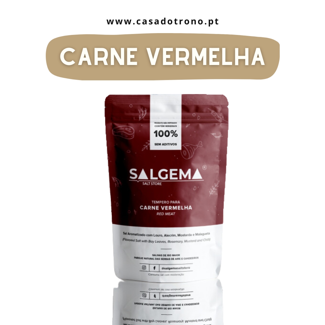 Embalagem de tempero para carne vermelha SALGEMA, bordô e branco