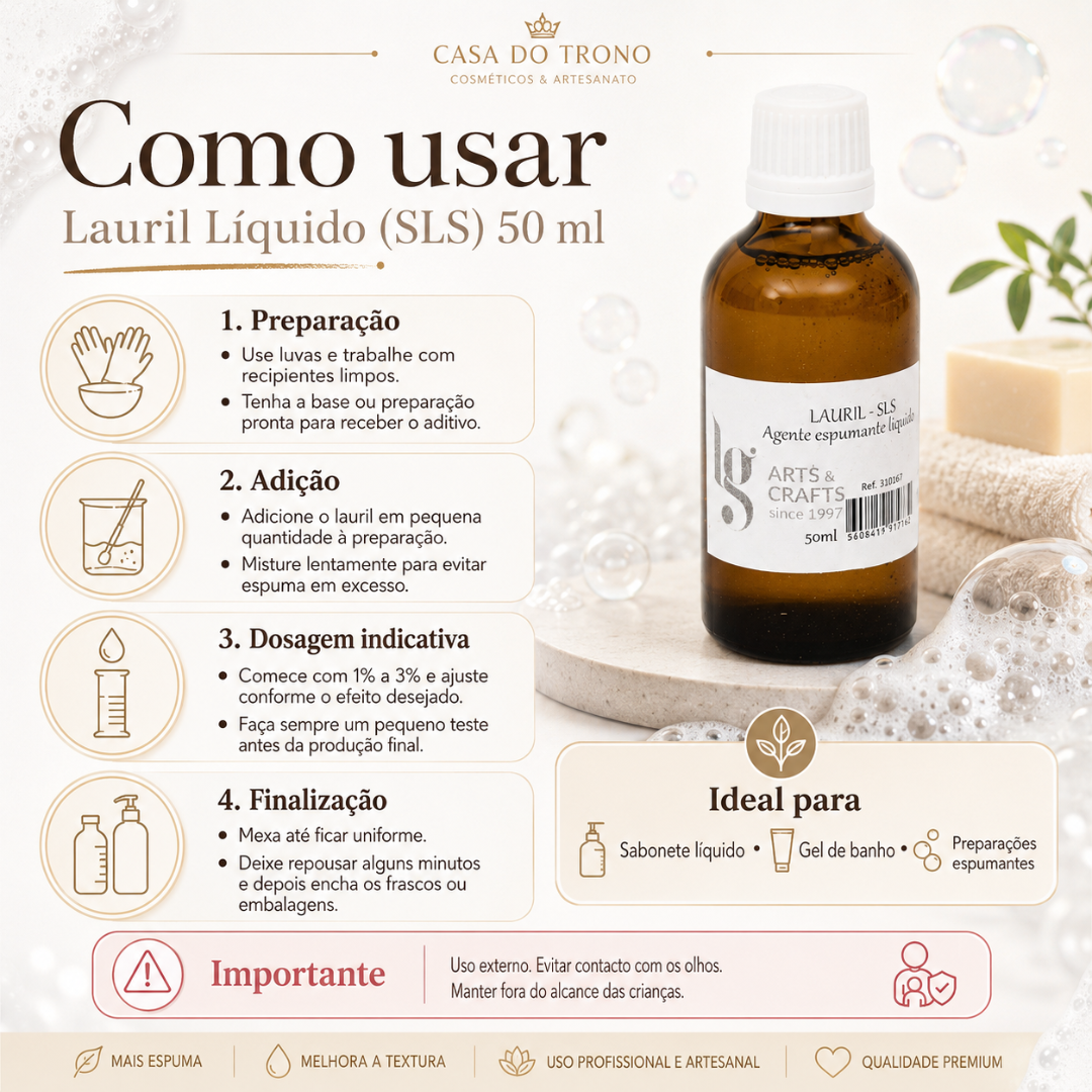 Garrafa âmbar de Lauril Líquido (SLS) 50 ml com instruções de uso em português