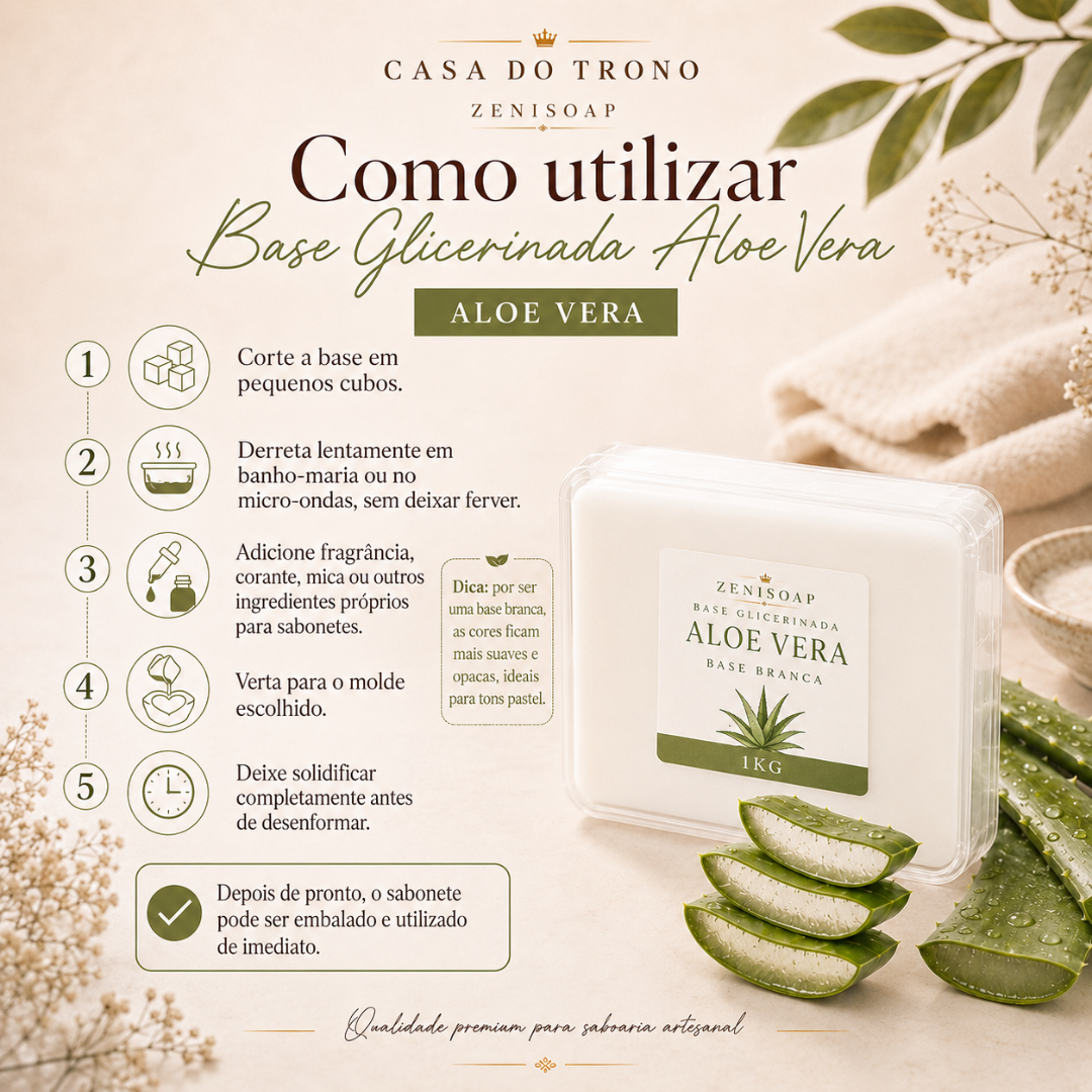 Base glicerinada para sabonetes Zenisoap Aloe Vera em bloco embalado ao lado de folhas de aloe vera cortadas