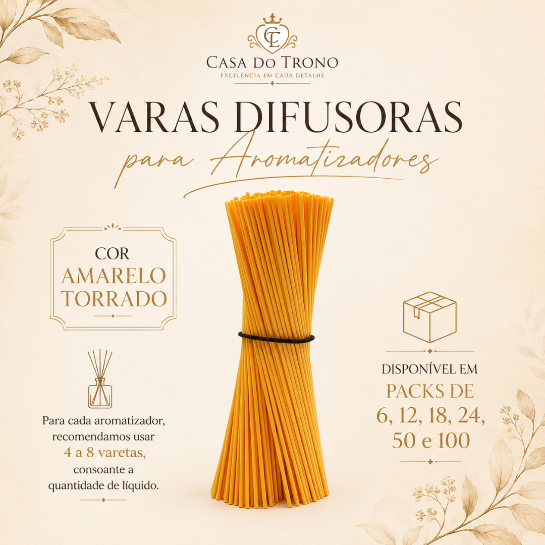 Varas difusoras amarelo torrado para aromatizadores, agrupadas com um elástico preto e texto promocional da Casa do Trono.
