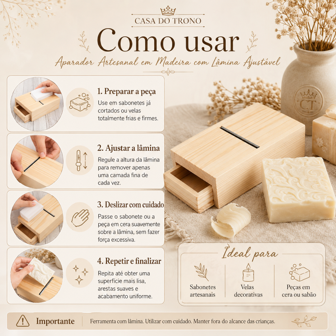 Aparador artesanal em madeira clara com lâmina ajustável para sabonetes e velas, descrito com instruções de uso em português.