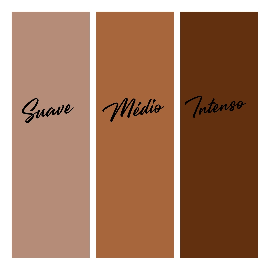 Três retângulos coloridos com as palavras Suave, Médio e Intenso em preto