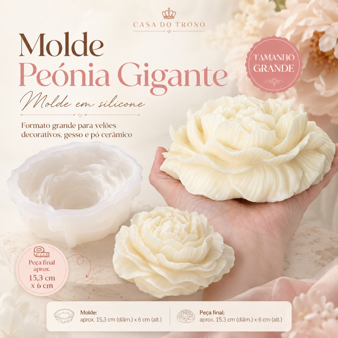 Molde e peça final de silicone em forma de peónia gigante creme, texto em português