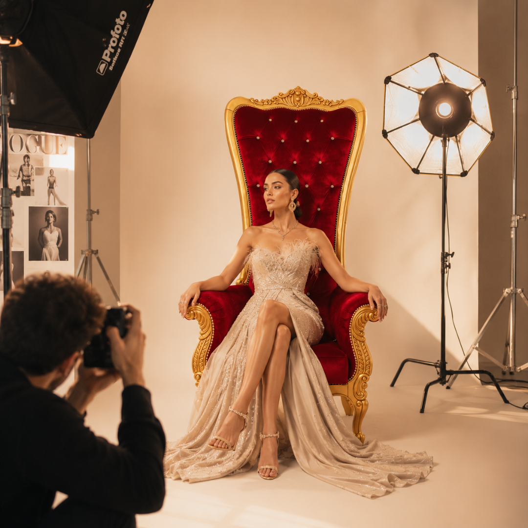 Mulher elegantemente vestida sentada em cadeira vermelha com moldura dourada numa sessão fotográfica em estúdio.