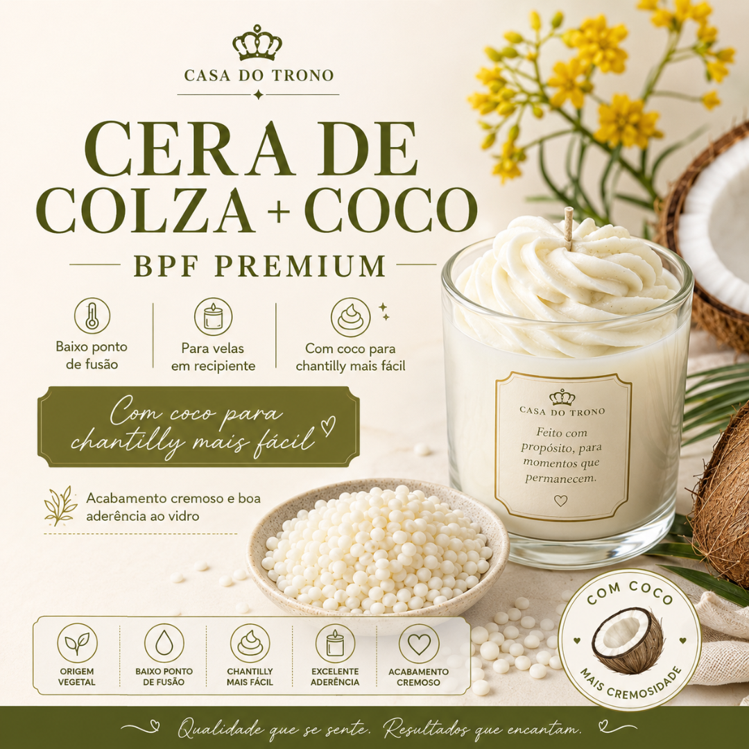 Cera de colza e coco em vela cremosa, grânulos de cera em prato, coco partido e texto promocional em português