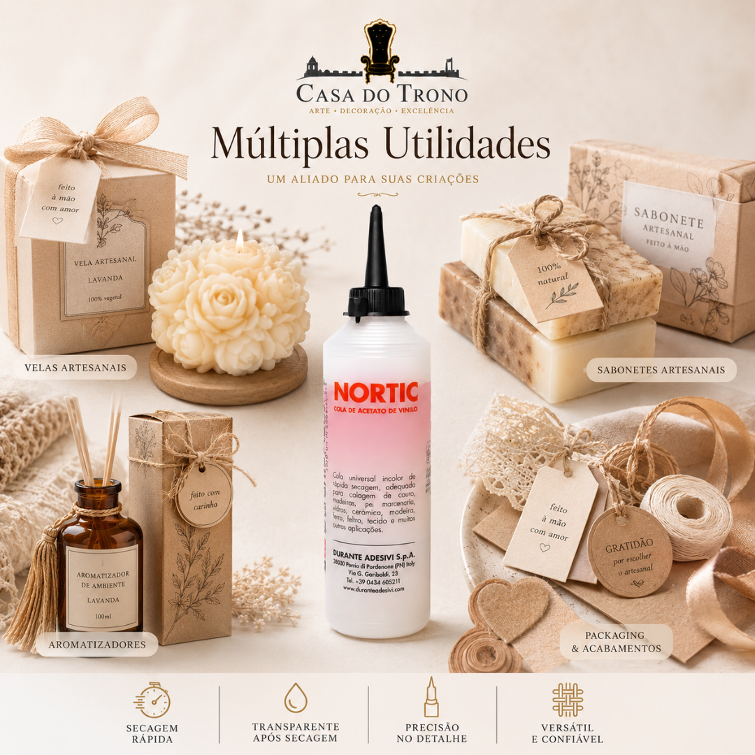 Produtos artesanais incluindo vela floral, sabonetes, aromatizador e cola líquida NOR TIC