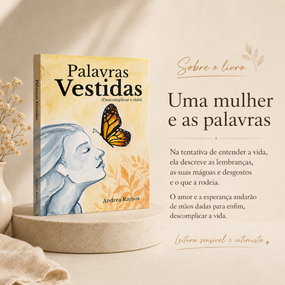 Livro Palavras Vestidas com capa amarela e ilustração de mulher e borboleta