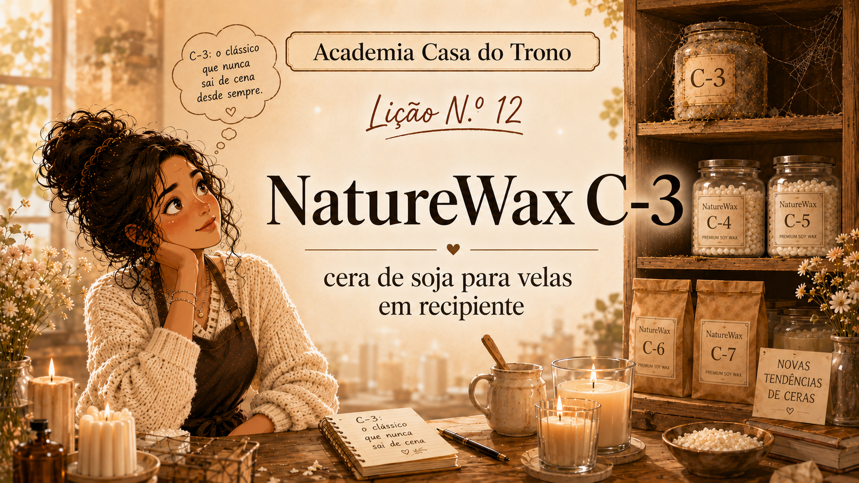 Lição N.º 12 — NatureWax C-3: cera de soja para velas em recipiente Embalagens de cera de soja NatureWax C-3 a C-7 para velas, ambiente aconchegante com velas acesas e plantas