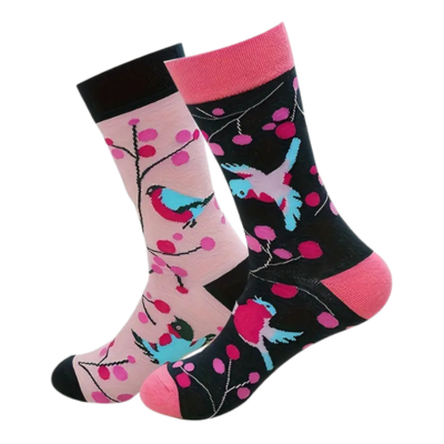 Par de meias coloridas com padrão de pássaros e bagas